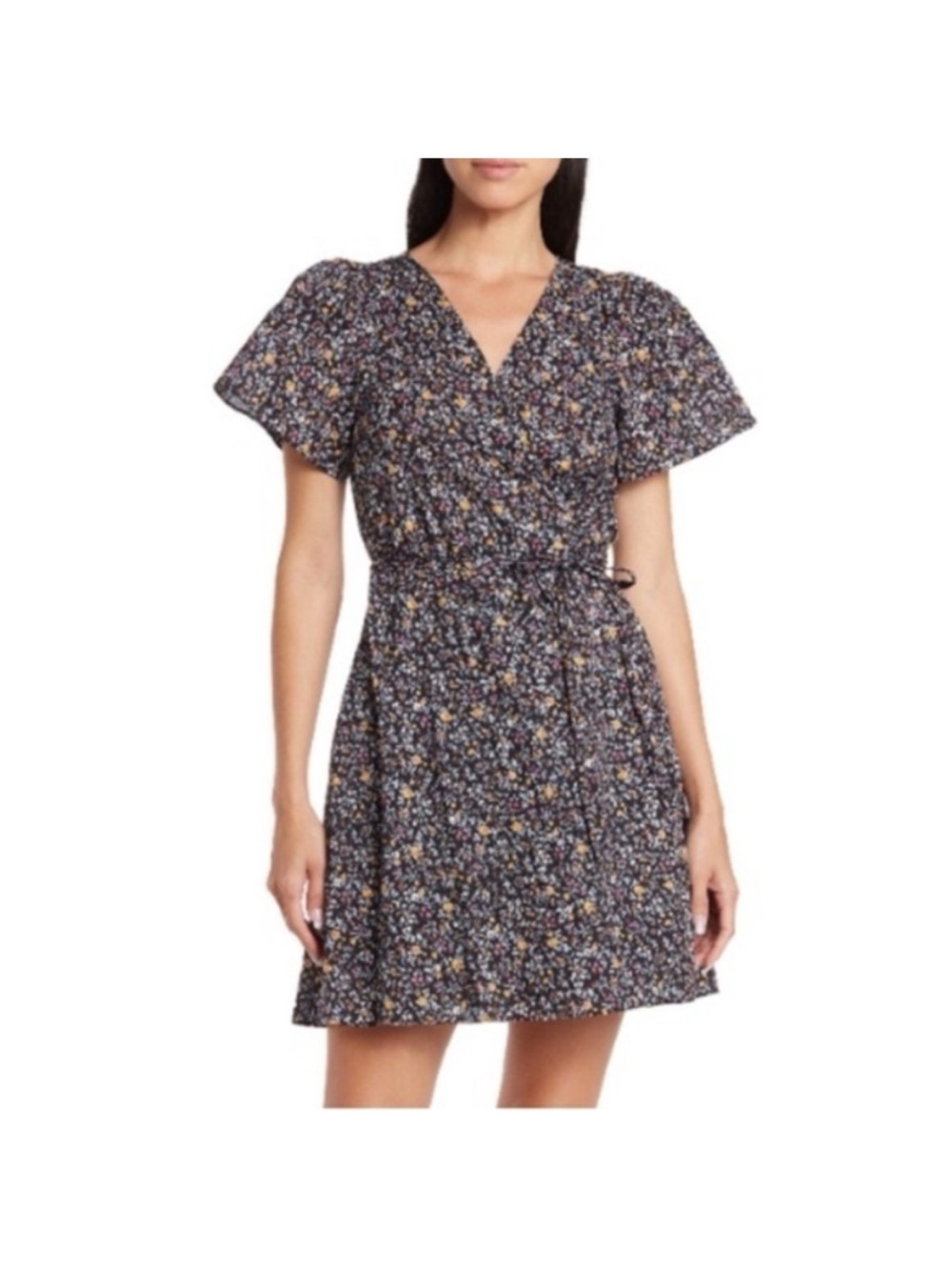 Madewell Floral V-Neck Short Sleeve Wrap Dress - Black Multi